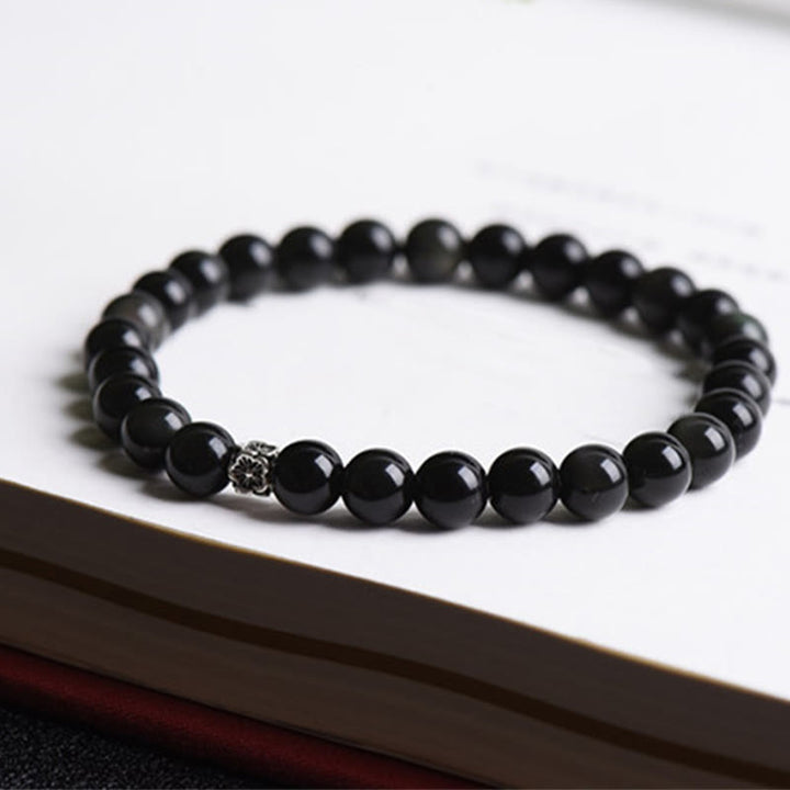 Pulsera de purificación con diseño de flores de plata de ley 925 con cuentas de obsidiana negra y Buddha Stones
