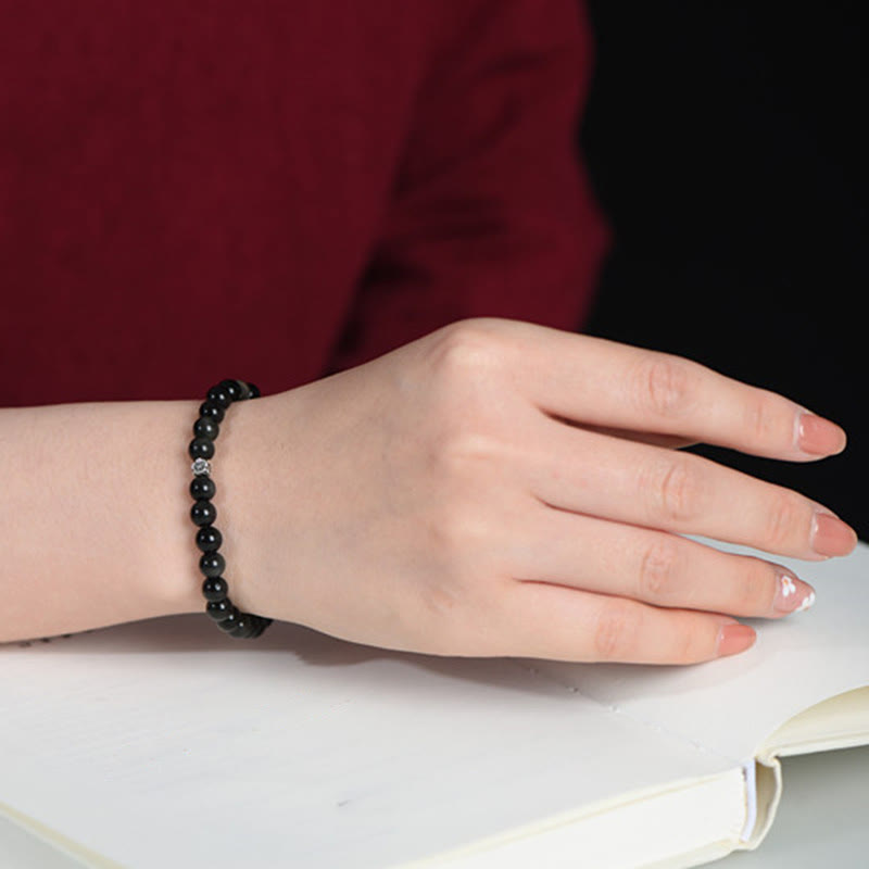 Pulsera de purificación con diseño de flores de plata de ley 925 con cuentas de obsidiana negra y Buddha Stones