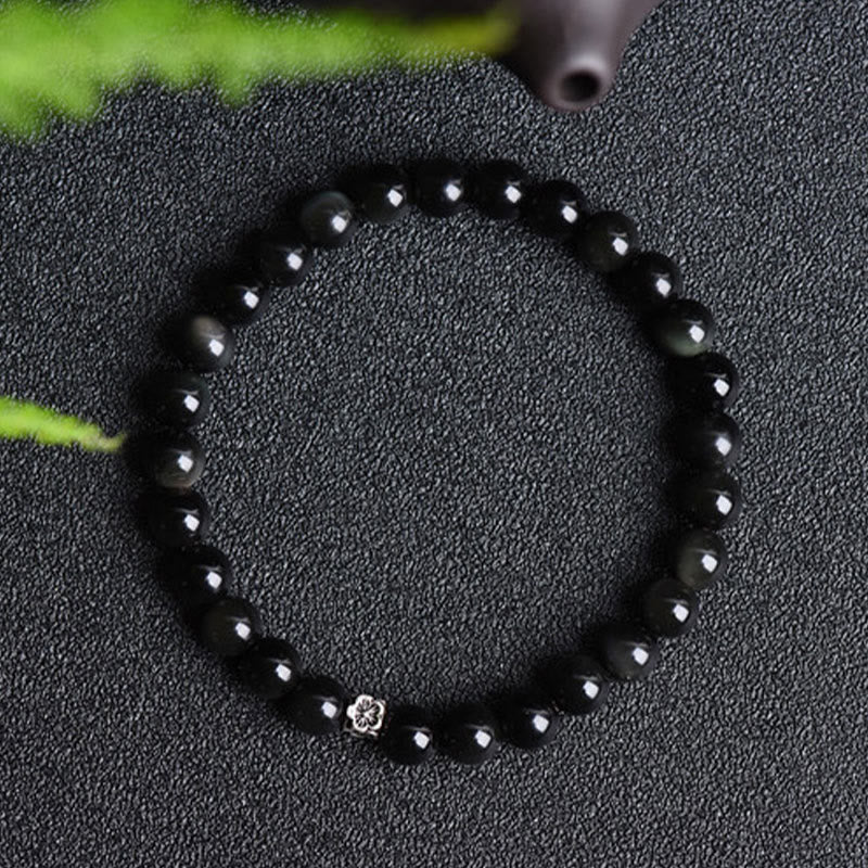 Pulsera de purificación con diseño de flores de plata de ley 925 con cuentas de obsidiana negra y Buddha Stones