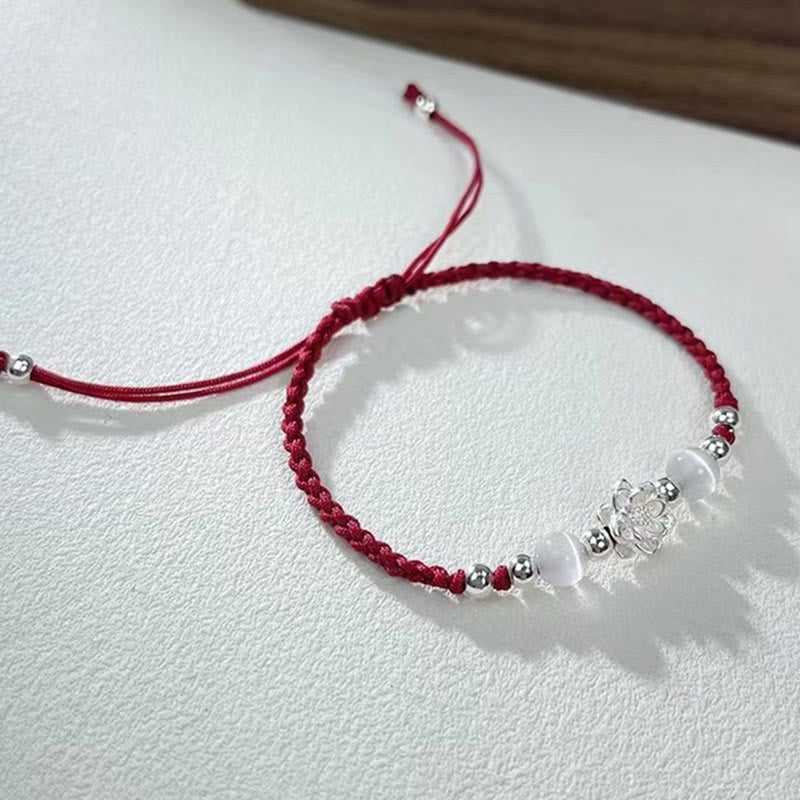 Pulsera de hilo de protección con cuentas de ojo de gato y diseño de loto en plata de ley 999 con Buddha Stones
