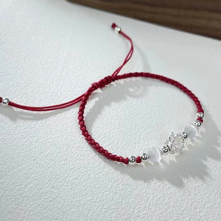 Pulsera de hilo de protección con cuentas de ojo de gato y diseño de loto en plata de ley 999 con Buddha Stones