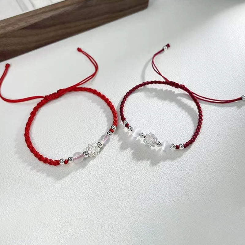 Pulsera de hilo de protección con cuentas de ojo de gato y diseño de loto en plata de ley 999 con Buddha Stones