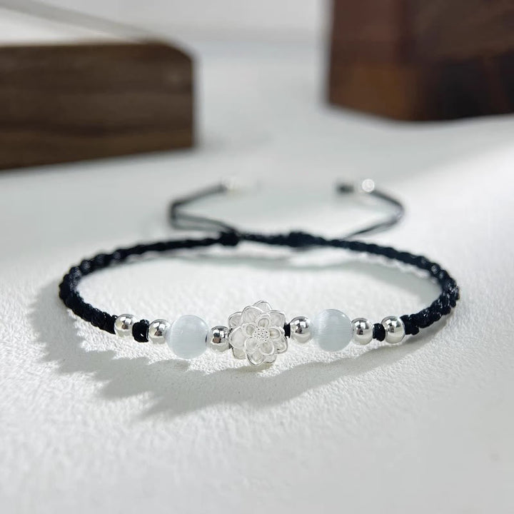 Pulsera de hilo de protección con cuentas de ojo de gato y diseño de loto en plata de ley 999 con Buddha Stones