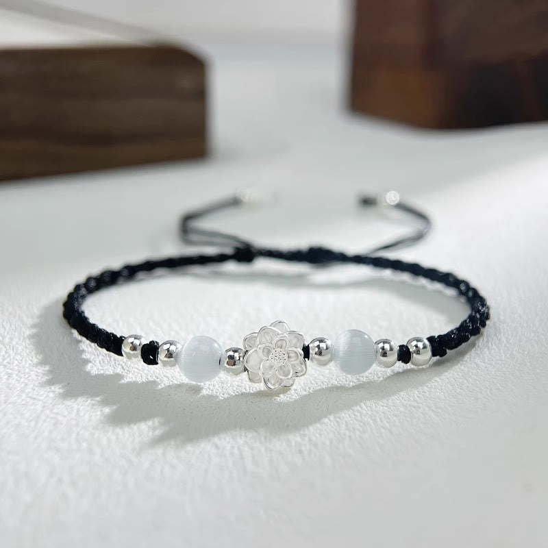 Pulsera de hilo de protección con cuentas de ojo de gato y diseño de loto en plata de ley 999 con Buddha Stones - Lotus Black (circunferencia de la muñeca: 15-18 cm) - image 0