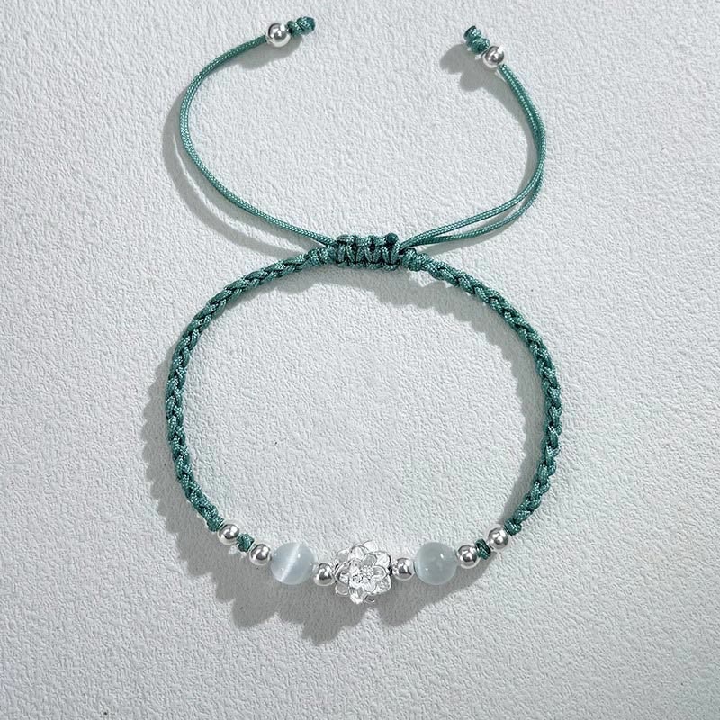Pulsera de hilo de protección con cuentas de ojo de gato y diseño de loto en plata de ley 999 con Buddha Stones