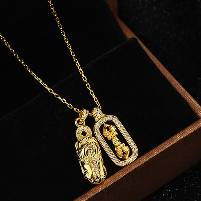 Colgante de collar de riqueza Vajra con moneda de cobre Pixiu dorada de plata esterlina 999 con Buddha Stones - image 3