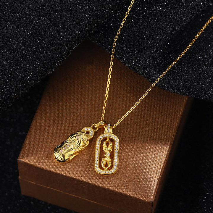 Colgante de collar de riqueza Vajra con moneda de cobre Pixiu dorada de plata esterlina 999 con Buddha Stones - image 9