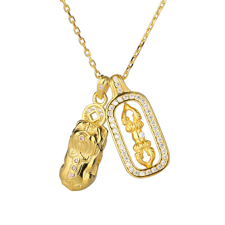 Colgante de collar de riqueza Vajra con moneda de cobre Pixiu dorada de plata esterlina 999 con Buddha Stones - image 11
