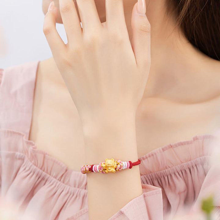 Pulsera de cuerda roja con lingote de gato de la suerte en plata de ley 999 hecha a mano con Buddha Stones y flor de durazno - image 9
