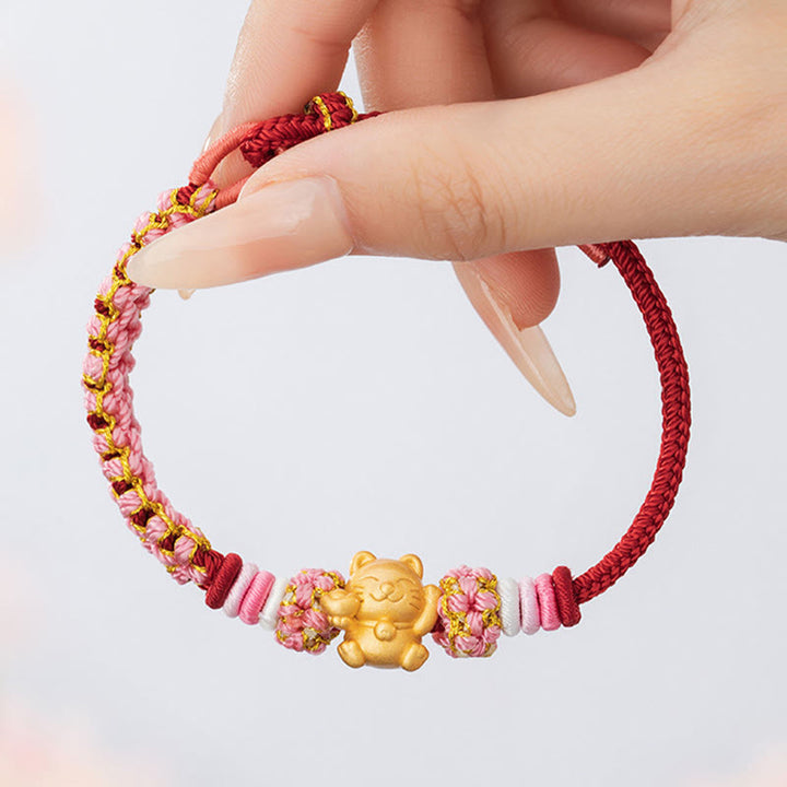 Pulsera de cuerda roja con lingote de gato de la suerte en plata de ley 999 hecha a mano con Buddha Stones y flor de durazno - image 11