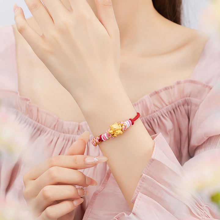 Pulsera de cuerda roja con lingote de gato de la suerte en plata de ley 999 hecha a mano con Buddha Stones y flor de durazno - image 4