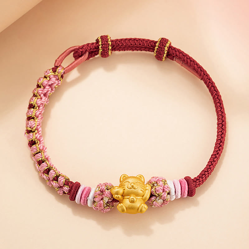 Pulsera de cuerda roja con lingote de gato de la suerte en plata de ley 999 hecha a mano con Buddha Stones y flor de durazno - image 2