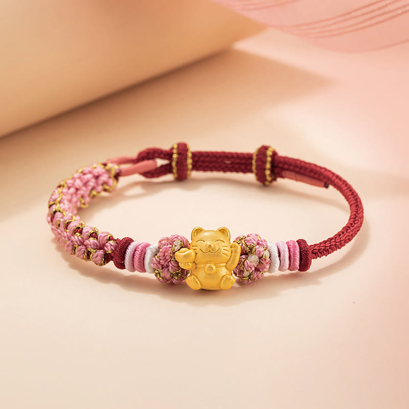 Pulsera de cuerda roja con lingote de gato de la suerte en plata de ley 999 hecha a mano con Buddha Stones y flor de durazno - Cuerda roja (circunferencia de la muñeca: 14-19 cm) - image 1