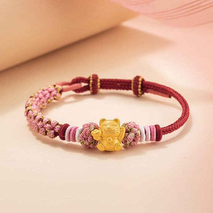 Pulsera de cuerda roja con lingote de gato de la suerte en plata de ley 999 hecha a mano con Buddha Stones y flor de durazno - Cuerda roja (circunferencia de la muñeca: 14-19 cm) - image 1