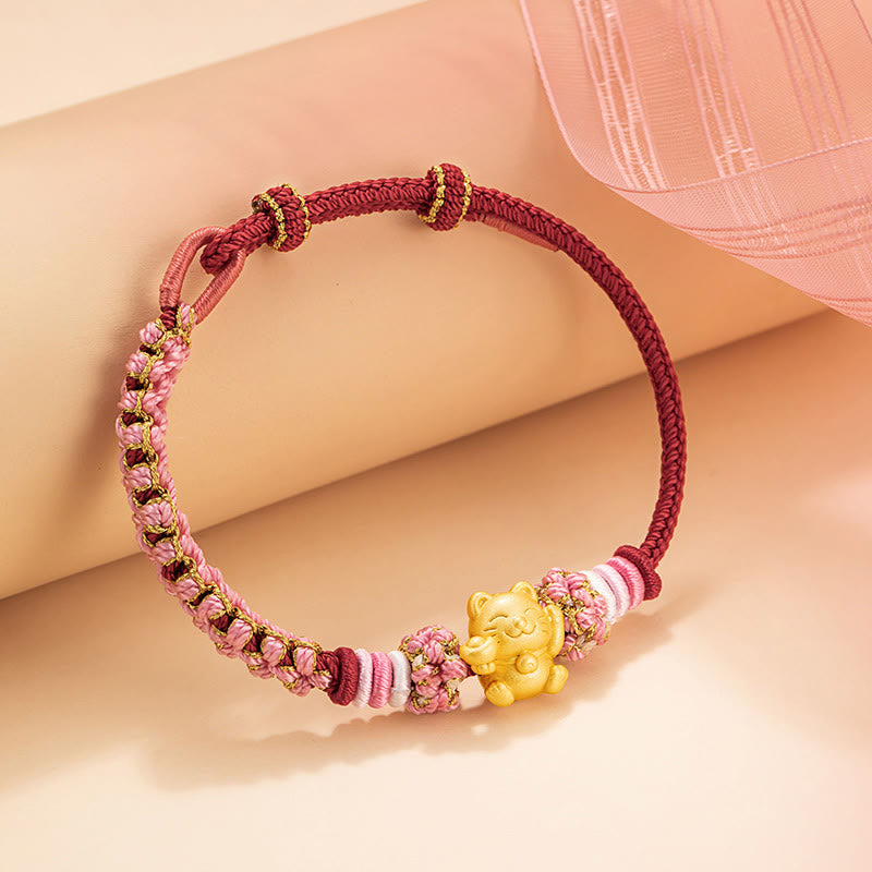 Pulsera de cuerda roja con lingote de gato de la suerte en plata de ley 999 hecha a mano con Buddha Stones y flor de durazno - image 2