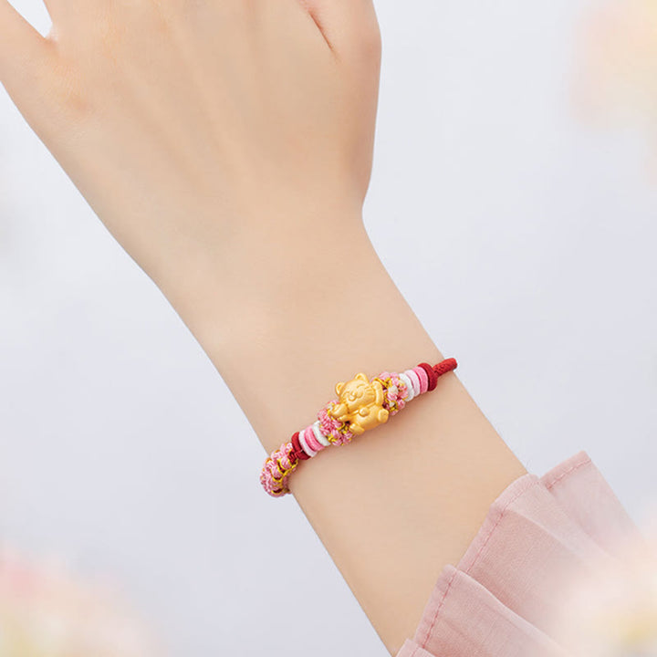 Pulsera de cuerda roja con lingote de gato de la suerte en plata de ley 999 hecha a mano con Buddha Stones y flor de durazno - image 9