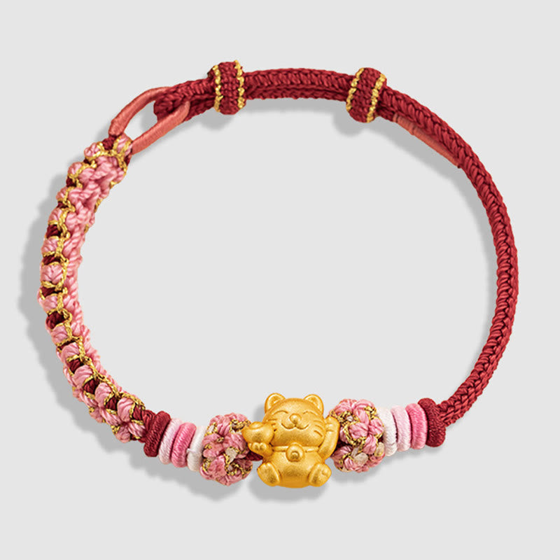Pulsera de cuerda roja con lingote de gato de la suerte en plata de ley 999 hecha a mano con Buddha Stones y flor de durazno - image 11