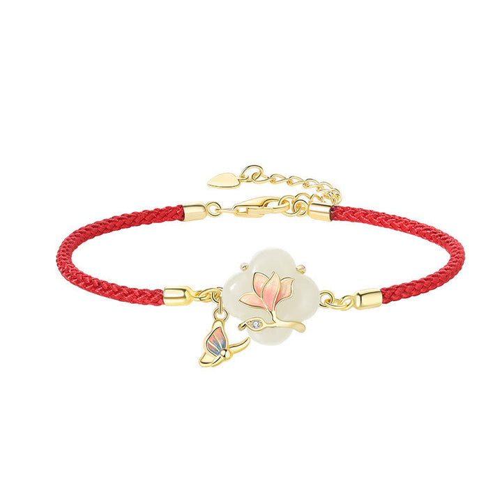 Pulsera de plata de ley 925 con Buddha Stones , jade hetiano, flor de magnolia, mariposa y cadena de la suerte