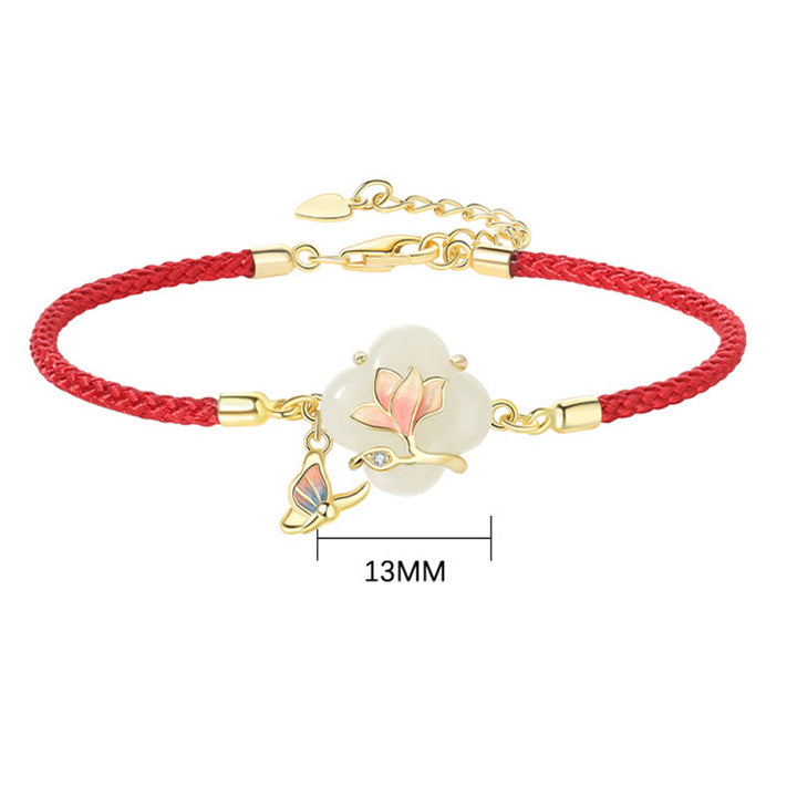 Pulsera de plata de ley 925 con Buddha Stones , jade hetiano, flor de magnolia, mariposa y cadena de la suerte