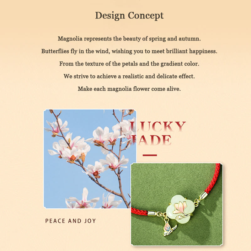 Pulsera de plata de ley 925 con Buddha Stones , jade hetiano, flor de magnolia, mariposa y cadena de la suerte