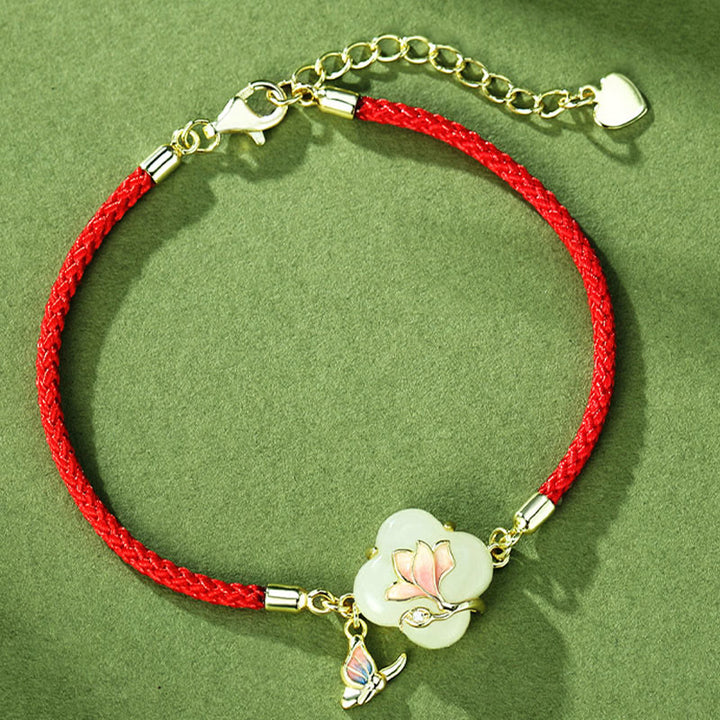Pulsera de plata de ley 925 con Buddha Stones , jade hetiano, flor de magnolia, mariposa y cadena de la suerte