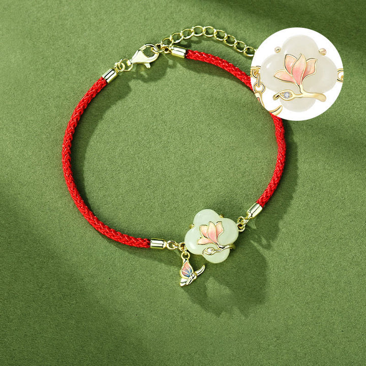 Pulsera de plata de ley 925 con Buddha Stones , jade hetiano, flor de magnolia, mariposa y cadena de la suerte