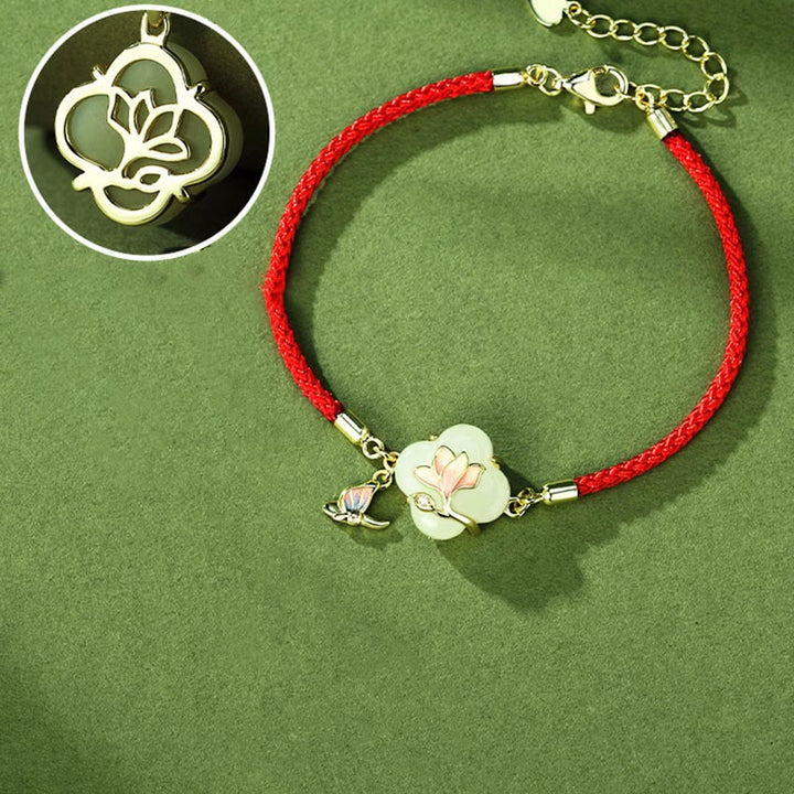 Pulsera de plata de ley 925 con Buddha Stones , jade hetiano, flor de magnolia, mariposa y cadena de la suerte