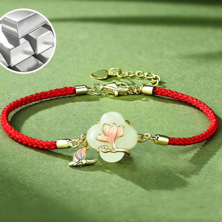 Pulsera de plata de ley 925 con Buddha Stones , jade hetiano, flor de magnolia, mariposa y cadena de la suerte