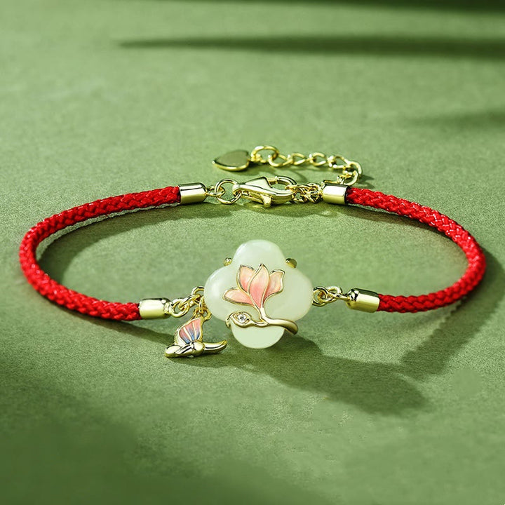 Pulsera de plata de ley 925 con Buddha Stones , jade hetiano, flor de magnolia, mariposa y cadena de la suerte