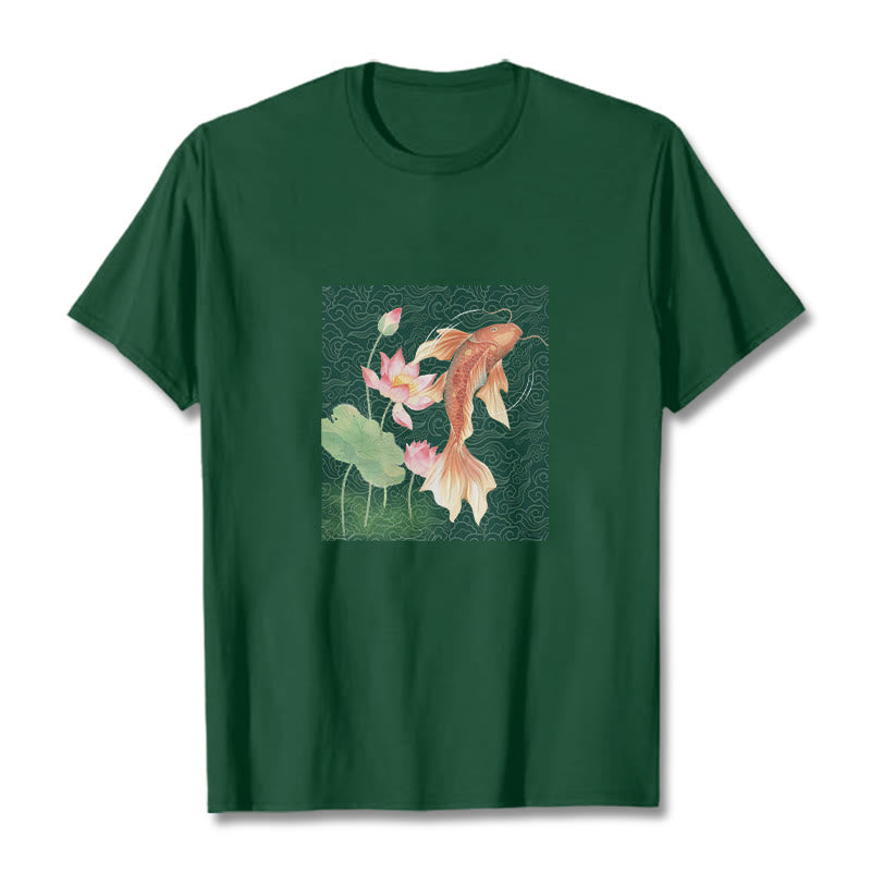 Camiseta de algodón con combinación de loto, pez koi y Buddha Stones - Verde bosque - 2XL - image 9