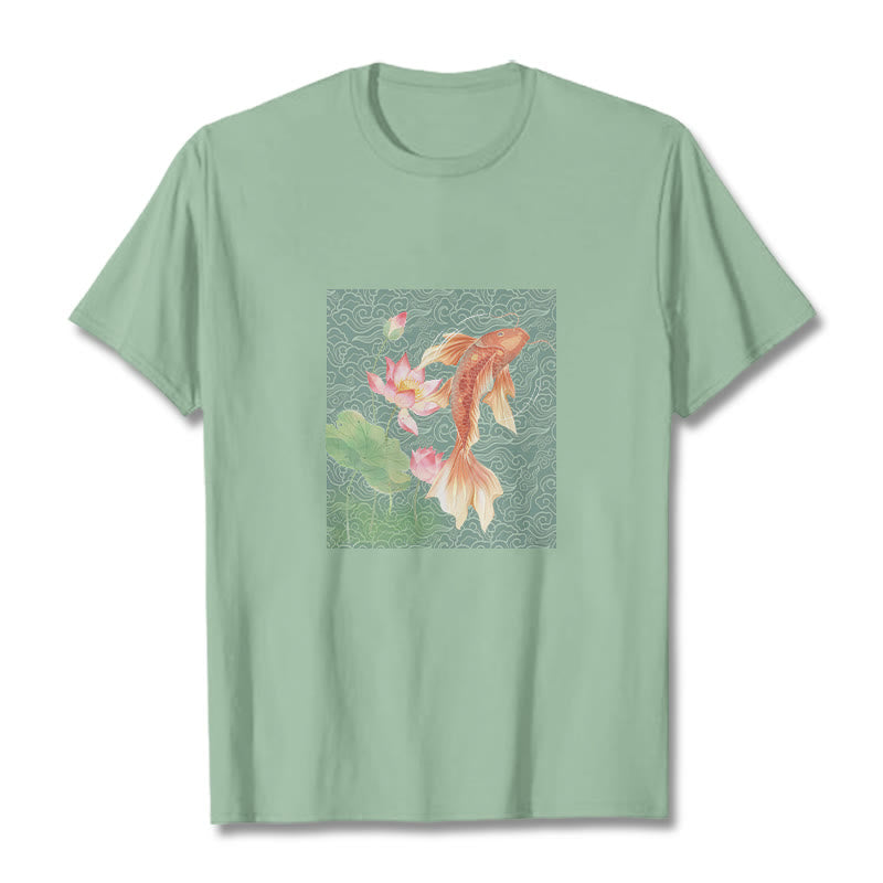 Camiseta de algodón con combinación de loto, pez koi y Buddha Stones - Verde pálido - 2XL - image 14