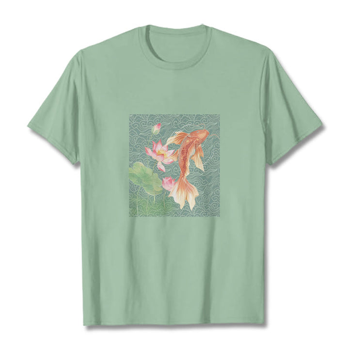 Camiseta de algodón con combinación de loto, pez koi y Buddha Stones - Verde pálido - 2XL - image 14