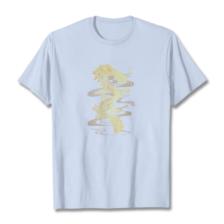 Camiseta de algodón con diseño de dragón dorado y Buddha Stones