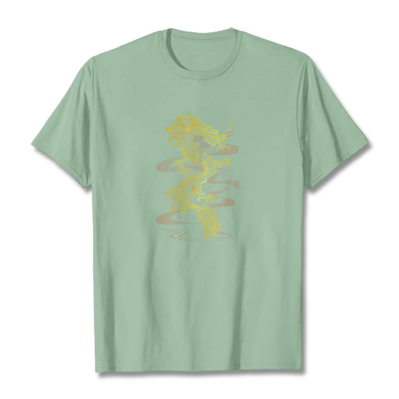 Camiseta de algodón con diseño de dragón dorado y Buddha Stones - Verde pálido - 2XL - image 14