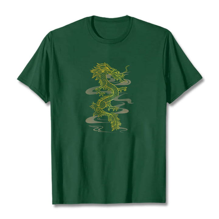 Camiseta de algodón con diseño de dragón dorado y Buddha Stones