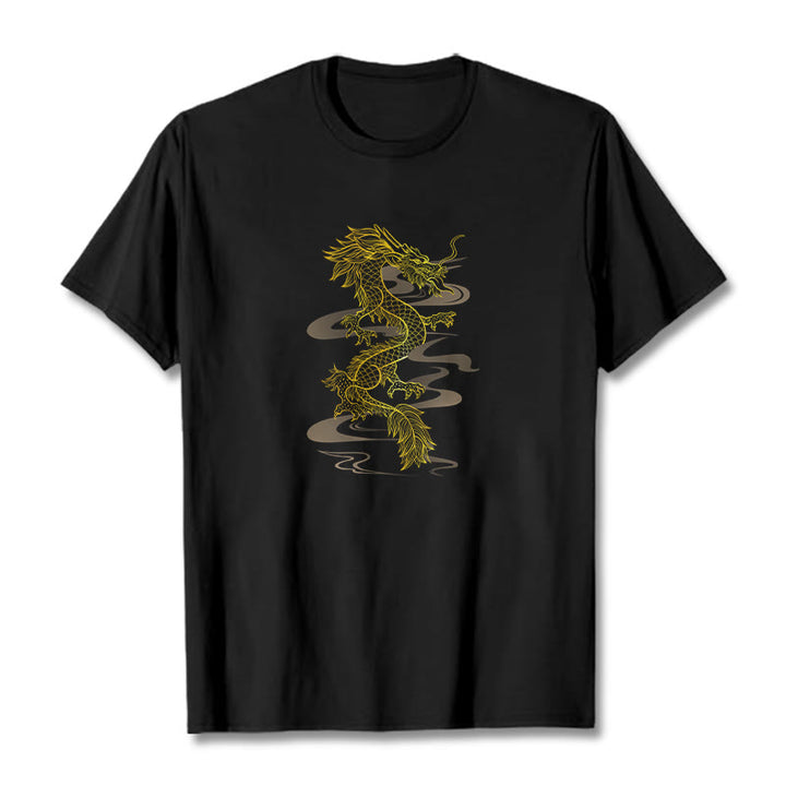 Camiseta de algodón con diseño de dragón dorado y Buddha Stones