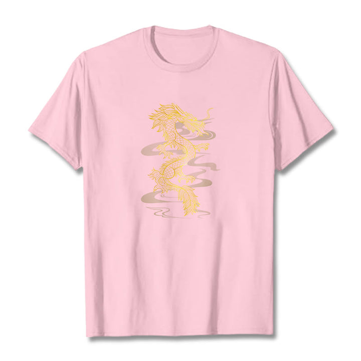 Camiseta de algodón con diseño de dragón dorado y Buddha Stones