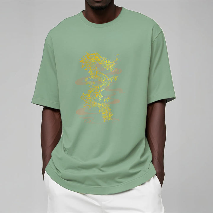 Camiseta de algodón con diseño de dragón dorado y Buddha Stones