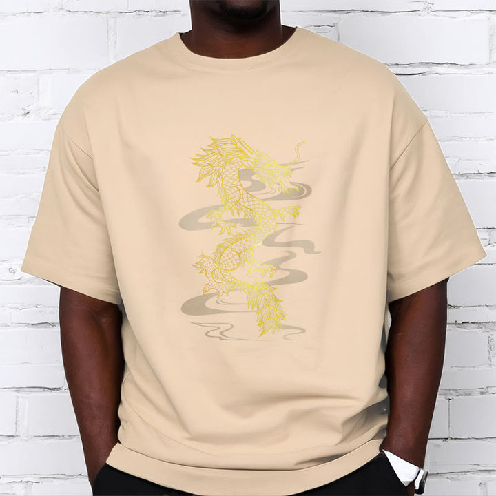 Camiseta de algodón con diseño de dragón dorado y Buddha Stones