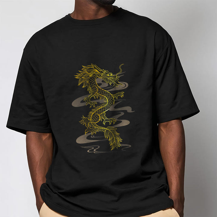 Camiseta de algodón con diseño de dragón dorado y Buddha Stones