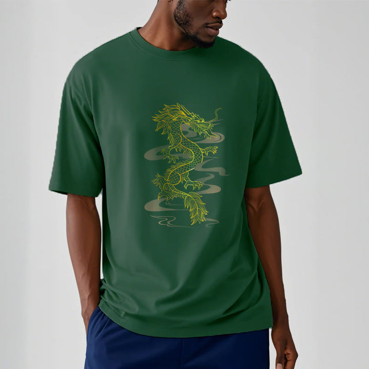 Camiseta de algodón con diseño de dragón dorado y Buddha Stones