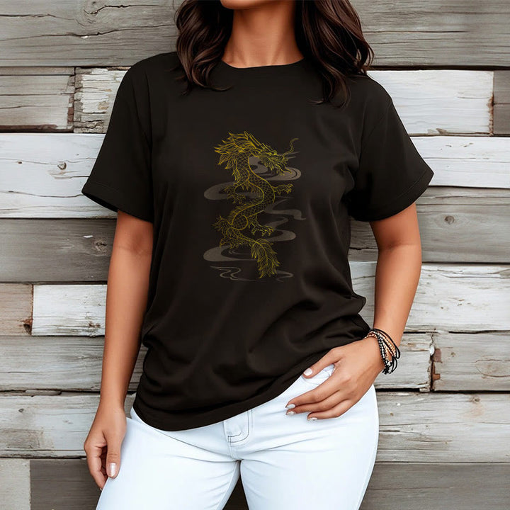 Camiseta de algodón con diseño de dragón dorado y Buddha Stones