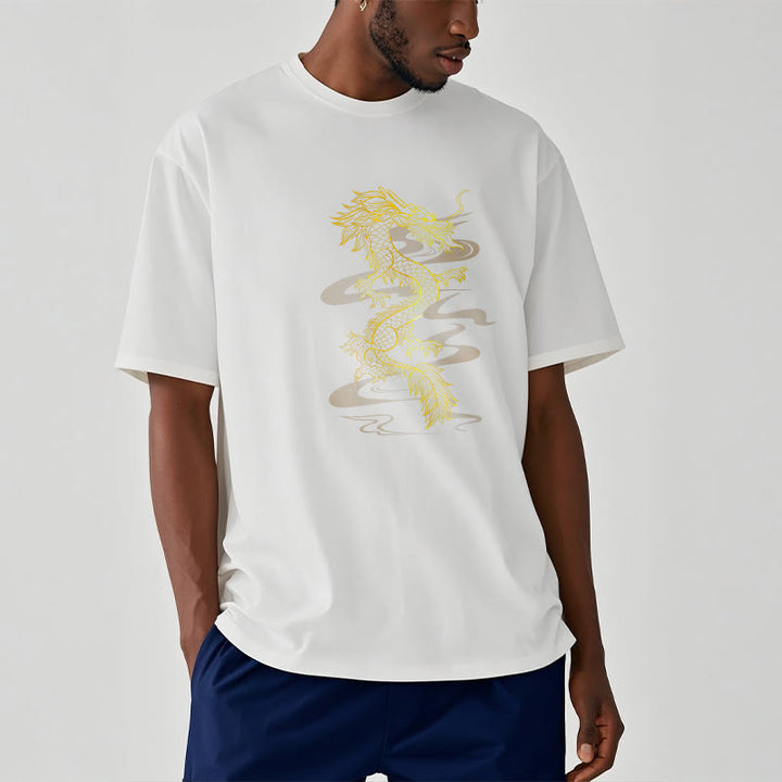 Camiseta de algodón con diseño de dragón dorado y Buddha Stones
