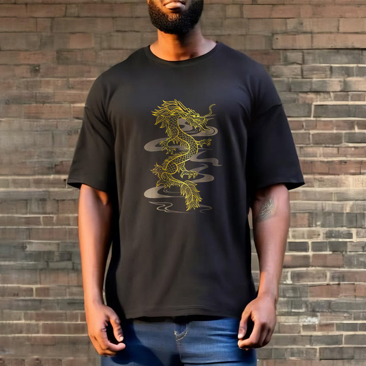 Camiseta de algodón con diseño de dragón dorado y Buddha Stones