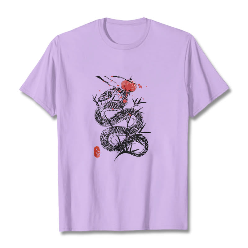 Camiseta de algodón con diseño de serpiente, hojas de bambú y farolillos de Buddha Stones - Ciruela - 2XL - image 17