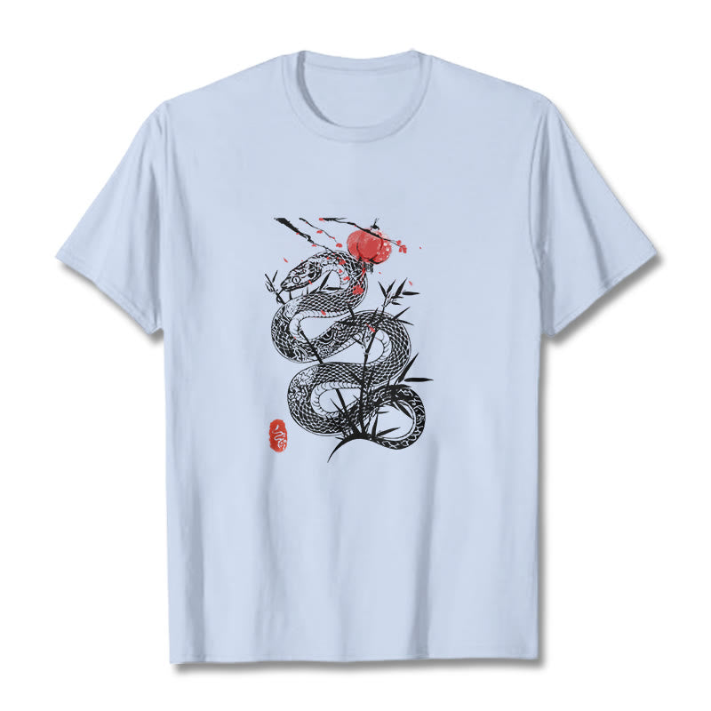 Camiseta de algodón con diseño de serpiente, hojas de bambú y farolillos de Buddha Stones - Cian claro - 2XL - image 5
