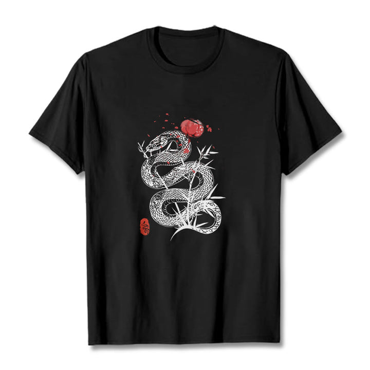 Camiseta de algodón con diseño de serpiente, hojas de bambú y farolillos de Buddha Stones - Negro - 2XL - image 1