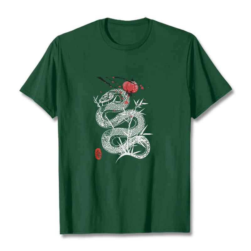 Camiseta de algodón con diseño de serpiente, hojas de bambú y farolillos de Buddha Stones - Verde bosque - 2XL - image 10