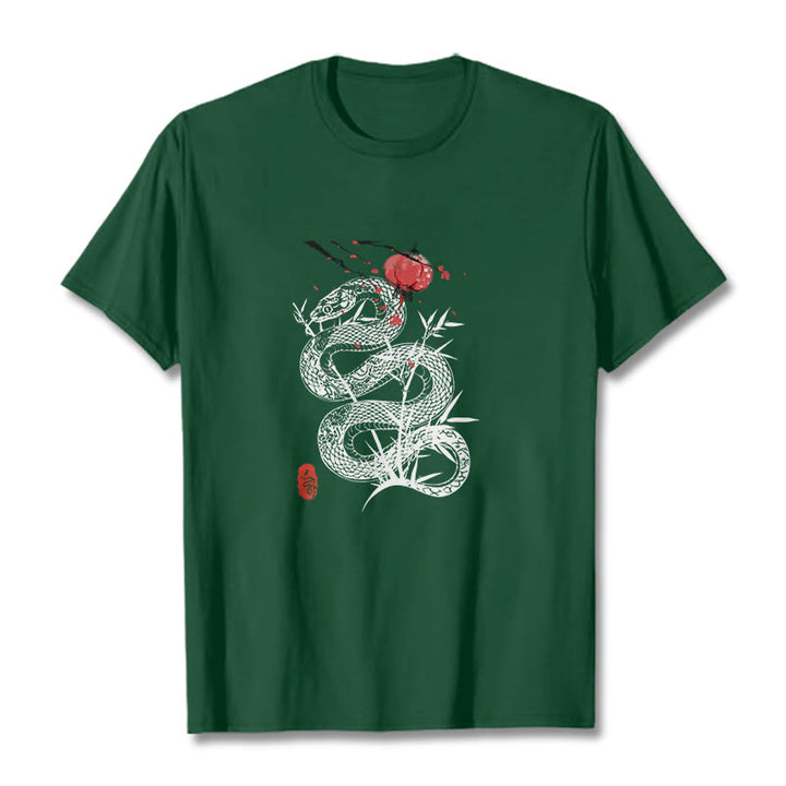 Camiseta de algodón con diseño de serpiente, hojas de bambú y farolillos de Buddha Stones - Verde bosque - 2XL - image 10