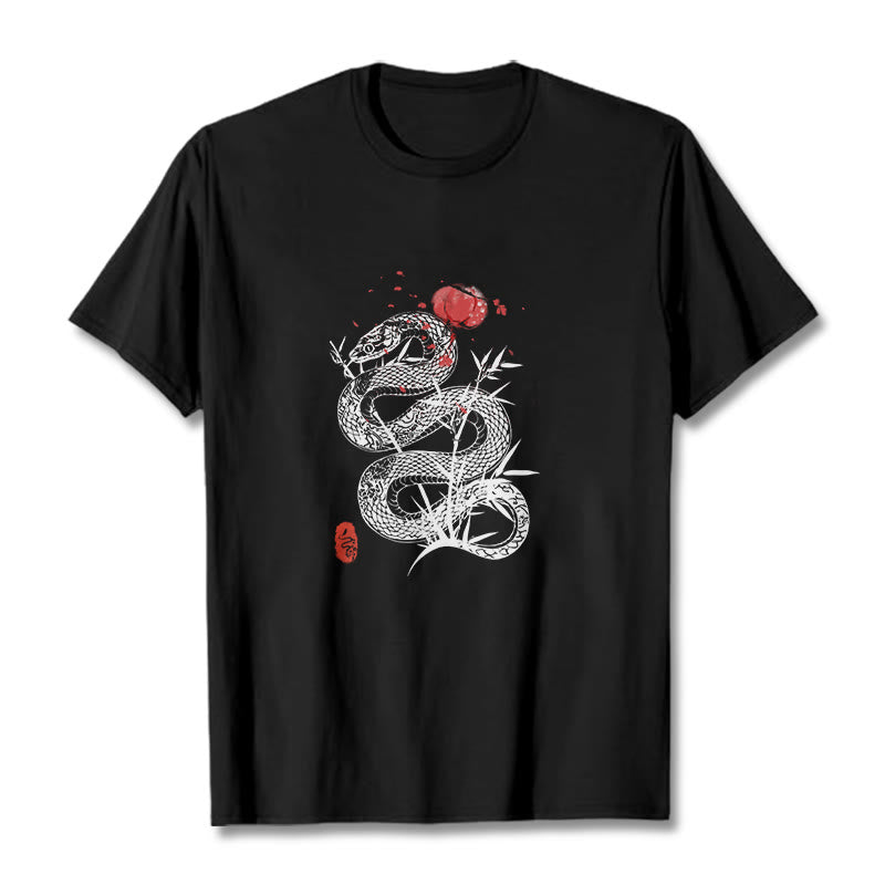 Camiseta de algodón con diseño de serpiente, hojas de bambú y farolillos de Buddha Stones - Negro - 2XL - image 0